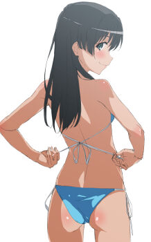 1girl ass bikini black_hair blue_bikini blue_eyes closed_mouth from_behind highres long_hair looking_at_viewer looking_back saten_ruiko shiny_skin shou937 side-tie_bikini_bottom sketch smile solo swimsuit teasing toaru_kagaku_no_railgun toaru_majutsu_no_index untying white_background