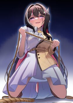Rule 34 | 1girl, azki (hololive), belt, blue background, blurry, blurry foreground, blush, breasts, brown hair, commentary request, dress, full body, highres, holding, holding rope, hololive, kimura mitsuki, kneeling, long hair, mole, mole under eye, multicolored hair, parted lips, pink hair, purple eyes, rope, simple background, smile, solo, streaked hair, virtual youtuber, white dress, white hair