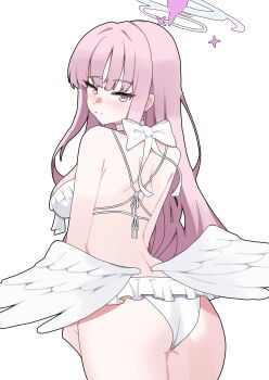 1girl absurdres angel_wings aqua_hair ass bare_arms bare_shoulders bikini blue_archive blush breasts choker closed_mouth collarbone commentary_request feathered_wings frilled_bikini frills frust1532 halo highres long_hair looking_back low_wings medium_breasts mika_(blue_archive) mika_(swimsuit)_(blue_archive) official_alternate_costume official_alternate_hairstyle pink_eyes pink_hair pink_halo simple_background smile solo swimsuit thighs upper_body white_background white_bikini white_choker wing_ornament wings yellow_eyes