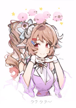 1girl absurdres animal_ears arknights bare_shoulders blush brown_hair closed_mouth commentary cropped_torso curled_horns dot_nose eyjafjalla_(arknights) fingerless_gloves gloves hair_ornament hairclip head_rest highres horns long_hair own_hands_together pink_shirt red_eyes sheep_ears sheep_girl sheep_horns shirt simple_background smile solo star_(symbol) symbol-only_commentary wed_(lim38869577) white_background white_gloves white_horns