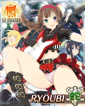 3girls :3 :d ahoge alternate_hairstyle belt black_belt black_boots black_gloves black_hair blonde_hair blue_eyes boots border braid braided_ponytail breasts brown_hair card_(medium) character_name cleavage closed_eyes covered_navel cropped_shirt electric_guitar fingerless_gloves flat_chest game_cg gloves green_eyes guitar hairband heterochromia holding holding_guitar holding_instrument instrument large_breasts leg_up long_hair looking_at_viewer midriff multiple_girls music navel official_art open_mouth panties pantyshot playing_guitar playing_instrument red_hairband red_panties red_skirt ryoubi_(senran_kagura) ryouki_(senran_kagura) ryouna_(senran_kagura) senran_kagura senran_kagura_new_wave siblings single_braid sisters skirt smile solo_focus stage stage_lights striped_clothes striped_panties teeth third-party_source underwear upper_teeth_only very_long_hair