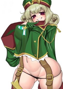 1girl absurdres araga_kiwi black_panties blush boots breasts coat gloves green_gloves green_hair green_hat green_jacket hair_bun hat highres jacket large_breasts leoparde_(mahou_shoujo_ni_akogarete) looking_at_viewer love0craft lowleg mahou_shoujo_ni_akogarete military_coat military_hat military_jacket mole mole_under_eye navel open_mouth panties simple_background smile solo underwear