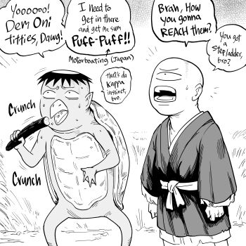 2boys absurdres bb_(baalbuddy) cucumber cyclops eating english_text food greyscale highres holding holding_food japanese_mythology kappa long_sleeves monochrome multiple_boys one-eyed sash speech_bubble turtle_shell