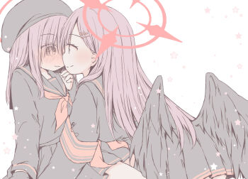 2girls all_fours armband assertive_female beret black_hair black_hat black_sailor_collar black_shirt black_skirt black_wings blue_archive blush closed_mouth commentary_request eye_contact eyes_visible_through_hair feathered_wings full-face_blush hair_ornament hair_over_one_eye hairclip halo hand_up hat ichika_(blue_archive) justice_task_force_member_(blue_archive) kasuga_sunao long_bangs long_hair long_sleeves looking_at_another low_wings multiple_girls neckerchief pale_color pleated_skirt red_armband red_halo red_neckerchief sailor_collar shirt simple_background sitting skirt smile star_(symbol) straight_hair wavy_mouth white_background wings yuri