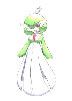 Rule 34 | 1boy, arms at sides, bob cut, breasts, bulge, erection, erection under clothes, flying sweatdrops, full body, gardevoir, gen 3 pokemon, green hair, hair between eyes, looking at viewer, male focus, medium breasts, neapozi, nervous, nintendo, open mouth, pokemon, raised eyebrows, red eyes, shiny clothes, short hair, skinsuit, solo, standing, zipper pull tab