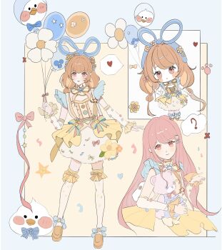 Rule 34 | 2girls, ?, absurdres, animal balloon, ankle bow, ankle ribbon, arm warmers, balloon, balloon trip (infinity nikki), bare shoulders, bird, blue border, blue bow, blue hairband, blue ribbon, blunt bangs, blush stickers, border, bow, bow legwear, brown eyes, brown hair, brown shoes, bubble skirt, chibi, chinese commentary, closed mouth, commentary request, confetti, cropped legs, dot nose, dress, dress bow, dress under skirt, duck, eyelashes, flat color, flower, flower balloon, frilled arm warmers, frilled dress, frilled thighhighs, frills, full body, hair ribbon, hairband, heart, highres, holding, holding balloon, holding stuffed toy, infinity nikki, light blush, loafers, long hair, looking at viewer, low twintails, miniskirt, multicolored bow, multiple girls, multiple views, neck ribbon, nikki (nikki), nikki (series), open mouth, orange bow, orange flower, outside border, paw print, pink hair, pleated skirt, pom pom (clothes), rainbow bow, ribbon, shoes, short dress, showgirl skirt, skirt, sleeveless, sleeveless dress, smile, speech bubble, spoken heart, spoken question mark, stuffed animal, stuffed toy, swept bangs, tareme, teddy bear, thighhighs, thought bubble, twintails, very long hair, wavy hair, white arm warmers, white dress, xiaobaodebao10722, yellow background, yellow flower, yellow ribbon, yellow skirt, yellow thighhighs