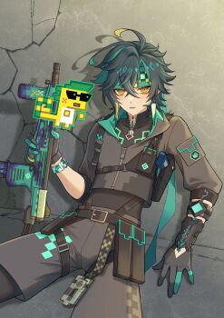 Rule 34 | 1boy, absurdres, ajaw (genshin impact), alternate costume, black gloves, black hair, black shirt, black shorts, black thighhighs, blonde hair, genshin impact, gloves, green eyes, green gloves, green hair, green headband, gun, hair between eyes, headband, highres, holding, holding gun, holding weapon, hoyofair, kinich (genshin impact), liu (erzplubdduik93g), long sleeves, male focus, multicolored hair, open mouth, shirt, short hair, shorts, streaked hair, thighhighs, two-tone gloves, weapon