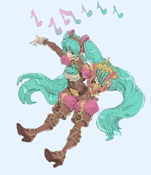 1girl alternate_costume aqua_ascot aqua_eyes aqua_hair ascot bard blue_background boots breasts brown_boots commentary english_commentary final_fantasy final_fantasy_tactics full_body harp hatsune_miku highres instrument long_hair medium_breasts musical_note nrcgray open_mouth simple_background smile solo twintails very_long_hair vocaloid