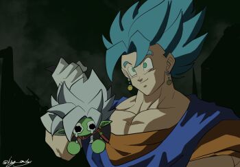 2boys blue_eyes blue_hair blue_shirt chibi dragon_ball dragon_ball_super earrings fused_zamasu highres holding jewelry king_omikuji multiple_boys muscular muscular_male orange_shirt outdoors potara_earrings shirt signature solo_focus spiked_hair tears upper_body vegetto