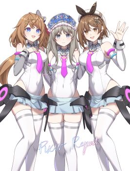 Rule 34 | 3girls, absurdres, atelier (series), atelier meruru, atelier resleriana, atelier ryza, blue eyes, breasts, brown eyes, brown hair, commission, cosplay, detached sleeves, grey hair, grey skirt, highleg, highleg leotard, highres, horseshoe ornament, large breasts, leotard, lowleg, lowleg skirt, luyue, medium hair, mihono bourbon (umamusume), mihono bourbon (umamusume) (cosplay), miniskirt, multiple girls, necktie, pink necktie, pixiv commission, reisalin stout, resna sternenlicht, skirt, thighhighs, totooria helmold, umamusume, white background, white leotard, white thighhighs, zettai ryouiki