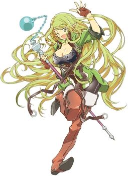 Rule 34 | 1girl, boots, breasts, brown boots, brown gloves, brown thighhighs, cleavage, elf, fingerless gloves, floating hair, full body, gloves, green eyes, green hair, hara kazuhiro, holding, holding staff, large breasts, leg up, log horizon, long hair, marielle (log horizon), official art, one eye closed, open mouth, pointy ears, simple background, solo, staff, standing, tagme, thigh boots, thighhighs, very long hair, white background, wink