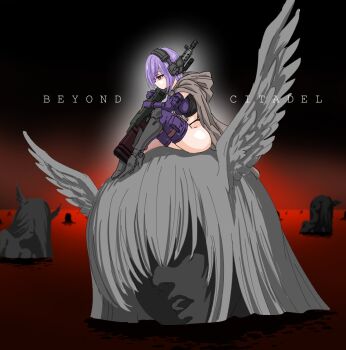 1girl armor armored_boots assault_rifle beyond_citadel blood boots breasts colored_skin copyright_name gloves grey_hair gun harahachibu_ajinosuke head_wings headset highres holding holding_gun holding_weapon holster long_sleeves martyr_(the_citadel) medium_breasts open_mouth purple_eyes purple_gloves purple_hair purple_thighhighs revealing_clothes rifle short_hair sitting solo_focus the_citadel thighhighs weapon winged_demon_(the_citadel) wings