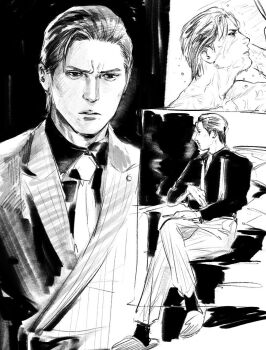 Rule 34 | ahoge, cigarette, commentary request, couch, crossed legs, formal clothes, full body, hair slicked back, highres, holding, holding cigarette, male focus, mine yoshitaka, monochrome, multiple views, necktie, no jacket, nude, pinstripe pattern, pinstripe suit, relaxing, ryuu ga gotoku (series), ryuu ga gotoku 3, serious, showering, sitting, slippers, smoking, suit, tyag53, upper body, wet, wet hair