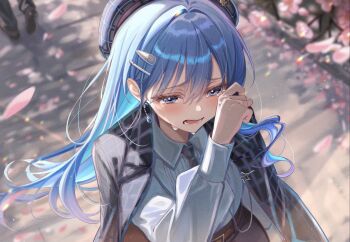 1girl alternate_costume beret black_hat black_jacket black_necktie black_skirt blue_eyes blue_hair blurry blurry_background cherry_blossoms collared_shirt colored_inner_hair commentary_request crying crying_with_eyes_open day double-parted_bangs earrings falling_petals hair_between_eyes hair_ornament hairclip hand_up hat highres hololive hoshimachi_suisei jacket jacket_on_shoulders jewelry long_hair long_sleeves multicolored_hair necktie open_mouth outdoors petals plaid_clothes plaid_jacket sa-ya2 shirt shirt_tucked_in single_sidelock skirt solo star_(symbol) star_in_eye suit_jacket symbol_in_eye tears virtual_youtuber white_shirt