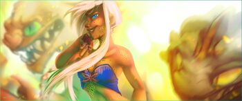 bikini bikini_top_only blood blue_bikini blue_eyes dragon fanfiction kajiksana_talik'se_aoelna libby_(rectifying_origin) rectifying_origin smile swimsuit vyntresser white_hair wreck-it_ralph