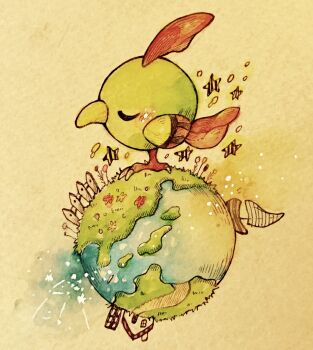 animal_focus bird blush boat closed_eyes closed_mouth commentary_request earth_(planet) fence full_body gen_2_pokemon highres natu nintendo no_humans on_mini_planet painting_(medium) picket_fence planet pokemon pokemon_(creature) solo star_(symbol) traditional_media watercolor_(medium) watercraft wooden_fence yukichi_0611