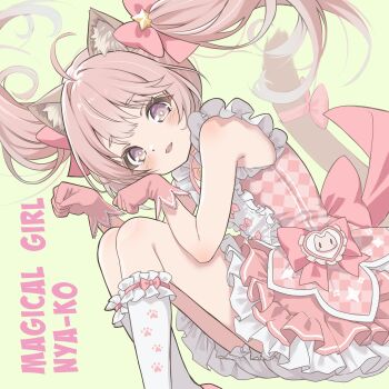 1girl ahoge animal_ear_fluff animal_ears bloomers bow bright_pupils cat_ears cat_girl cat_tail center_frills clenched_hands commentary_request dress dress_bow floating_hair frilled_dress frills gloves hair_bow hair_ornament highres kneehighs long_hair looking_at_viewer open_mouth original paw_pose paw_print paw_print_pattern petticoat pink_bow pink_dress pink_gloves pink_hair po_yo_ta_ma print_socks purple_eyes sleeveless sleeveless_dress smile socks solo star_(symbol) star_hair_ornament tail tail_bow tail_ornament twintails underwear white_bloomers white_pupils white_socks