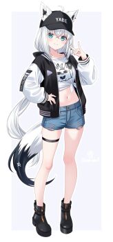 1girl ahoge animal_ears baseball_cap black_boots black_hat black_jacket blue_eyes blue_shorts blush boots border closed_mouth commentary_request crossed_bangs denim denim_shorts dot_nose fox_ears fox_girl fox_shadow_puppet fox_tail full_body grey_background hair_between_eyes hat highres hololive jacket long_hair long_sleeves looking_at_viewer midriff navel open_clothes open_jacket outline outside_border shirakami_fubuki shirt short_shorts shorts simple_background smile solo standing tail thigh_strap tied_shirt toketa-sekai virtual_youtuber white_border white_hair white_outline white_sleeves