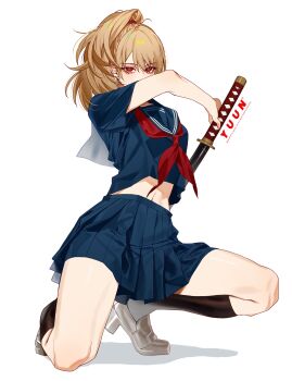1girl aegyo_sal brown_hair commentary_request eyelashes full_body genderswap genderswap_(mtf) gintama high_heels highres holding holding_sword holding_weapon korean_commentary looking_at_viewer navel okita_sougo okita_souko on_one_knee ponytail red_eyes school_uniform simple_background skirt socks solo sword twitter_username weapon white_background yuun_(yuun0110)