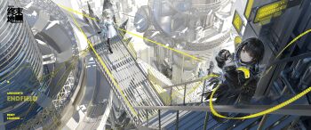 Rule 34 | 1boy, 3girls, absurdres, animal ears, arknights, arknights: endfield, black coat, black hair, blonde hair, blue eyes, building, cat ears, cat girl, chen qianyu (arknights), coat, copyright name, dress, duoj ji, endministrator (arknights), female endministrator (arknights), highres, jacket, long hair, long sleeves, looking at viewer, male endministrator (arknights), multiple girls, off shoulder, perlica (arknights), satellite dish, short hair, sleeveless, sleeveless dress, sweater, white dress, white jacket, white sweater