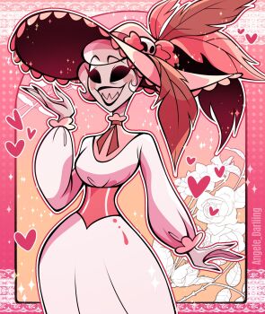 1girl angele_darliing black_eyes dress grin hat hat_feather hazbin_hotel hellaverse highres looking_at_viewer red_hat rosie_(hazbin_hotel) sharp_teeth short_hair smile solo sun_hat teeth white_dress white_hair