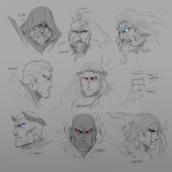 6+boys bald beard blonde_hair blood_angels blue_eyes braid braided_beard character_name closed_mouth commentary corvus_corax_(warhammer) dark-skinned_male dark_skin english_commentary multiple_expressions eye_trail facepaint facial_hair feathered_wings ferrus_manus from_side frown ghost glowing glowing_eyes green_eyes grey_background halo imperial_fists iron_hands_(warhammer) jaghatai_khan laurel_crown leman_russ lhgart light_smile light_trail lightning_bolt_symbol lion_el'jonson long_hair long_mustache looking_at_viewer male_focus multiple_boys multiple_views mustache portrait primarch raven_guard roboute_guilliman rogal_dorn salamanders_(warhammer) sanguinius short_hair simple_background sketch space_wolves spot_color straight-on teeth topknot traditional_halo ultramarines vulkan warhammer_40k watermark white_eyes white_scars white_wings wings