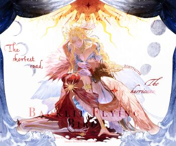 2girls absurdres alien_stage alternate_costume barefoot bird_wings blonde_hair bone breasts brown_hair brown_wings chinese_commentary cleavage closed_eyes closed_mouth colored_extremities commentary commentary_request curtains dress english_commentary english_text feathered_wings genderswap genderswap_(mtf) highres hyuna_(alien_stage) lishenchu52391 long_hair luka_(alien_stage) mixed-language_commentary moon_phases multiple_girls off-shoulder_dress off_shoulder red_dress sitting smile strapless strapless_dress sun talons very_long_hair wings