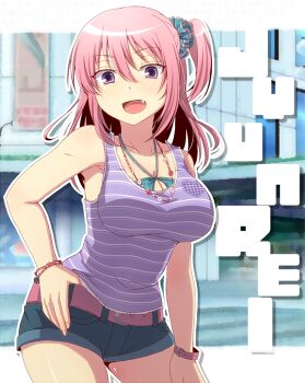 Rule 34 | 1girl, belt, fang, female focus, jewelry, junrei (nyorori), long hair, necklace, nyorori (tatsutaage), original, pink hair, purple eyes, short shorts, shorts, side ponytail, smile, solo, tank top