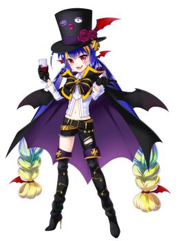 2018 ;) alcohol artist_request bat_wings belt boots bow bowtie cape child collar collared_cape collared_shirt cropped_shirt cross_hat_ornament cross_ornament cup denim drinking_glass eyeshadow fang flower gloves gold_trim gradient_hair halloween halloween_costume hat hat_ribbon high_heel_boots high_heels highres jeans lipstick long_hair long_sleeves looking_at_viewer low-tied_long_hair makeup multicolored_hair multiple_belts navel non-web_source official_art one_eye_closed open_mouth otomachi_una pants purple_ribbon red_eyes red_flower red_rose red_wine ribbon rose scallop shirt sidelocks smile solo source_request stiletto_boots stiletto_heels streaked_hair thigh_boots top_hat torn_clothes torn_jeans torn_pants very_long_cape very_long_hair vocaloid white_shirt wine wine_glass wings