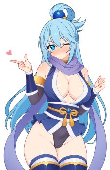 1girl absurdres alternate_costume aqua_(konosuba) blowing_kiss blue_eyes blue_hair blue_kimono blue_scarf blush breasts cleavage commission dullahan_(alekey_art) highres japanese_clothes kimono kono_subarashii_sekai_ni_shukufuku_wo! large_breasts leotard long_hair ninja one_eye_closed pixiv_commission scarf short_kimono
