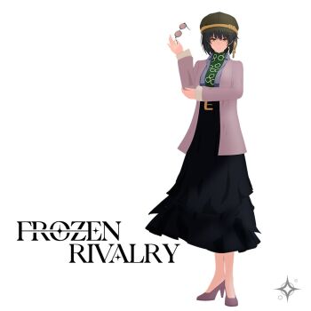 1girl 3d alternate_costume black_hair black_skirt blender_(medium) breasts brown_hat closed_mouth commentary english_commentary female_rover_(wuthering_waves) full_body goo_engine_(medium) green_shirt guest_art hair_ribbon hat high_heels holding holding_removed_eyewear jacket logo long_skirt looking_at_viewer medium_breasts pink_jacket purple_shoes ribbon rover_(wuthering_waves) shirt shoes simple_background skirt smile solo standing sunglasses title unworn_eyewear white_background winterstellar_studios wuthering_waves yellow_eyes yellow_ribbon