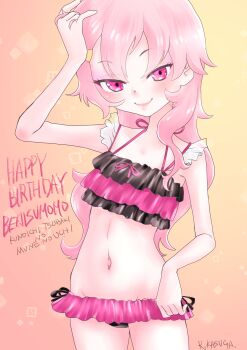 1girl adjusting_hair arm_at_side arm_up benisumomo bikini black_bikini character_name closed_mouth copyright_name cowboy_shot dot_nose eyelashes female_focus frilled_bikini frills gradient_background kunoichi_tsubaki_no_mune_no_uchi lips long_hair looking_at_viewer matching_hair/eyes multicolored_bikini navel petite pink_bikini pink_eyes pink_hair rurito0725 simple_background smile solo standing straight-on swimsuit two-tone_bikini wavy_hair