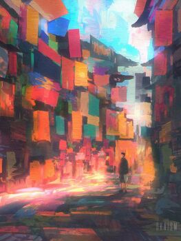 Rule 34 | 1other, abstract, alley, black hair, dkaism, full body, house, jacket, original, painterly, poster (object), scenery, shapes, short hair, shorts, standing, sunlight, surreal, walking