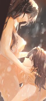 2girls absurdres black_hair blue_eyes breasts commentary commentary_request completely_nude dutch_angle english_commentary hand_on_another&#039;s_face hand_on_another&#039;s_head highres hugging_another&#039;s_leg large_breasts long_hair mixed-language_commentary multiple_girls nude original ossan_jololol parted_lips same-sex_bathing shared_bathing showering wet yuri