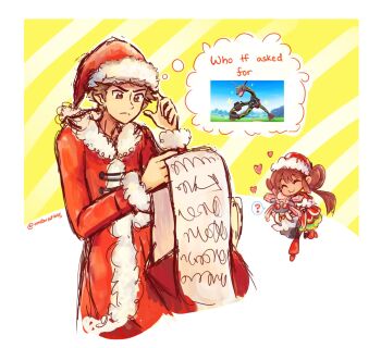 1boy 1girl christmas commentary constarlations diancie english_commentary gen_3_pokemon gen_6_pokemon hat highres legendary_pokemon mythical_pokemon nintendo pokemon rayquaza red_(pokemon) rosa_(holiday_2019)_(pokemon) rosa_(pokemon) santa_costume santa_hat