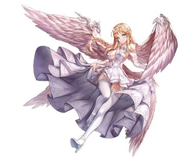 1girl angel angel_wings artist_request aselica_(king&#039;s_raid) belt blonde_hair blue_gemstone braid breasts bridal_gauntlets bride cleavage commentary commentary_request dress dress_flower english_commentary feathered_wings feathers floating_clothes floating_hair flower footwear_flower full_body garter_straps gem green_eyes hair_flower hair_ornament hair_ribbon high-low_dress high_heels highres jewelry king&#039;s_raid korean_commentary large_breasts layered_dress light_smile long_dress long_hair long_sidelocks mixed-language_commentary necklace official_alternate_costume official_art plunging_neckline ribbon second-party_source shoes sidelocks simple_background skirt_hold solo thighhighs tiara tress_ribbon wedding_dress white_background white_belt white_dress white_feathers white_flower white_shoes white_thighhighs white_wings wing_armor wings