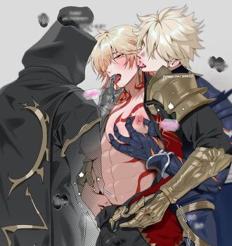 3boys abs arm_tattoo armlet armor black_cloak black_coat black_pants blonde_hair blush braid chest_tattoo clawed_gauntlets cloak coat ear_licking earrings facial_tattoo finger_in_another&#039;s_mouth flame_reaver_of_the_deepest_dark gold_earrings gold_necklace grabbing_from_behind gradient_hair groping hair_between_eyes highres honkai:_star_rail honkai_(series) hood hood_up hooded_cloak jewelry licking male_focus medium_hair multicolored_hair multiple_boys mydei_(honkai:_star_rail) necklace open_clothes open_coat pants patreon_username pauldrons pectoral_grab phainon_(honkai:_star_rail) phainon_(khaslana)_(honkai:_star_rail) red_hair red_tattoo shoulder_armor side_braid single_pauldron tattoo toned toned_male yaoi yellow_eyes yoma_0_0