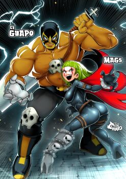 1boy 1girl 2026 absurdres animification arched_back artist_name ass asymmetrical_gloves belt black_bodysuit black_boots black_mask black_pants bob_cut bodysuit boots braclet breasts brown_eyes character_name claw_pose commentary cross cross_necklace dark-skinned_male dark_skin dynamic_pose el_guapo_(el_guapo_vs_the_narco_vampires) el_guapo_vs_the_narco_vampires english_commentary facial_mark fangs full_body gauntlets gloves green_hair grin high_heels highres huge_ass huge_weapon jewelry looking_at_viewer luchador luchador_mask mags_(el_guapo_vs_the_narco_vampires) mask medium_breasts muscular muscular_male navel necklace pants prosthesis prosthetic_leg red_eyes red_lips scabbard sheath short_hair size_difference skull smile sonchapo standing strap thick_thighs thighs topless_male v-shaped_eyebrows vampire weapon weapon_on_back wide_hips yellow_trim