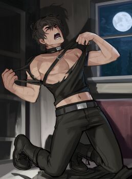 1boy black_hair chest_belt closed_eyes clothes_pull drop_shadow full_body full_moon highres indoors kneeling male_focus moon omniscient_reader's_viewpoint open_mouth pectorals shirt shirt_pull short_hair solo taotaille tearing_clothes toned toned_male torn_clothes torn_shirt yoo_joonghyuk