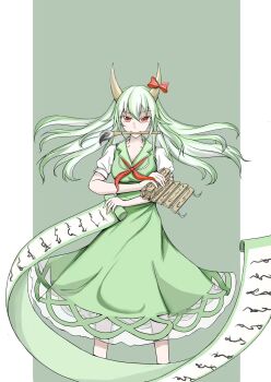 1girl bow breasts calligraphy_brush chinese_commentary commentary_request dress green_dress green_hair highres holding holding_scroll horn_bow horn_ornament horns kamishirasawa_keine large_breasts long_hair looking_at_viewer mouth_hold paintbrush puffy_short_sleeves puffy_sleeves red_bow red_eyes scroll short_sleeves solo touhou zheng_(pixiv_101593236)