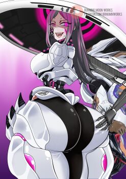 1girl ass ass_focus breasts burningmoonworks come_hither cyborg deep_skin egovista_(nikke) from_behind glowing glowing_eyes goddess_of_victory:_nikke grabbing_own_ass grin hat huge_ass large_breasts long_hair looking_at_viewer looking_back mechanical_arms naughty_face open_mouth purple_eyes purple_hair sideboob smile solo thick_thighs thighs very_long_hair