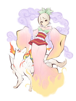 Rule 34 | 1girl, amaterasu (ookami), animal, breasts, cleavage, cleavage cutout, closed mouth, clothing cutout, commentary request, cosplay, earrings, grey hair, hagoromo, hair between eyes, idolmaster, idolmaster cinderella girls, japanese clothes, jewelry, kimono, long sleeves, medium breasts, obi, ookami (game), pink kimono, revision, sakuya (ookami), sakuya (ookami) (cosplay), sash, shawl, shiomi syuko, sidelocks, simple background, sleeves past fingers, sleeves past wrists, smile, uccow, white background, wide sleeves, wolf