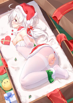 1girl :o absurdres alternate_costume ass azur_lane bdsm blush bodystocking bodystocking_pull bondage bound bound_ankles bound_wrists bow box breasts breasts_out capelet censored christmas clothes_pull curious elbow_gloves flandre_(azur_lane) from_above full_body fur-trimmed_skirt fur_trim gift gloves hair_bow hat heart-shaped_box highres legs legs_folded loli long_hair looking_at_viewer looking_back lying manjuu_(azur_lane) miniskirt nipples on_side pantyhose petite purple_eyes pussy qian_hen red_bow red_capelet red_skirt santa_hat skirt small_breasts solo spread_pussy thighs torn_bodystocking torn_clothes torn_pantyhose very_long_hair white_gloves white_hair white_pantyhose