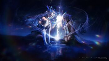 Rule 34 | 2girls, absurdres, artist name, bare shoulders, blonde hair, breasts, cartethyia (wuthering waves), closed eyes, commentary, dual persona, earrings, english commentary, english text, fleurdelys (wuthering waves), floating earrings, highres, jewelry, large breasts, long hair, multiple earrings, multiple girls, pointy ears, reflection, reflective liquid, sitting, sword, tabard, title, ui uiiiiiiiii, weapon, white tabard, wuthering waves