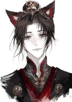 1boy absurdres animal_ear_fluff animal_ears bishounen black_hair black_hanfu brown_eyes brown_hair cat_ears chinese_clothes chinese_commentary chinese_knot closed_mouth crown earrings eyelashes half-closed_eyes hanfu highres jewelry light_smile long_hair looking_at_viewer male_focus mandarin_collar meng_renjian nidexintu parted_bangs portrait simple_background single_earring smile solo topknot updo upper_body white_background xiao_guan_(headdress) xie_hui