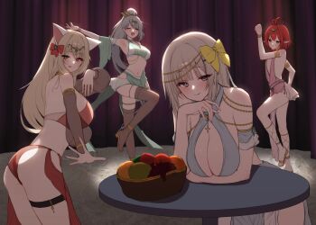 4girls :p absurdres animal_ears anklet antenna_hair arm_under_breasts arm_up armlet armpits ass backless_dress backless_outfit backlighting bare_shoulders basket bikini bikini_top_only blonde_hair blue_bikini blue_eyes bow bracelet breasts brown_thighhighs cat_ears chain circlet cleavage closed_eyes closed_mouth cowboy_shot crop_top curtains dancer detached_sleeves dress dungeon_and_fighter eclipse_(dungeon_and_fighter) facing_viewer female_mage_(dungeon_and_fighter) food from_side fruit full_body gadeung_hye gold_choker gold_trim grapes green_shirt hair_bow hair_ornament hairclip hand_up harem_outfit high_ponytail highres indoors jewelry large_breasts leaning_forward leg_up long_hair long_sleeves looking_at_viewer looking_to_the_side medium_breasts midriff miniskirt mouth_veil multiple_girls navel open_mouth original outstretched_arm pelvic_curtain pink_dress pointy_ears ponytail red_bikini red_eyes red_hair revealing_clothes sandals sarong see-through_clothes see-through_sleeves shirt short_hair skirt sleeveless sleeveless_shirt sling_bikini_top smile standing standing_on_one_leg stomach summoner_(dungeon_and_fighter) swimsuit table thigh_strap thighhighs thighlet thighs tongue tongue_out v-shaped_eyebrows veil very_long_hair white_hair white_skirt wide_sleeves