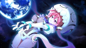 1girl black_bridal_gauntlets bracelet breasts bridal_gauntlets commentary_request earth_(planet) hair_between_eyes hakuryou_high_school_uniform hat highres jewelry large_hat leotard long_hair low_twintails muv-luv muv-luv_girls_garden pico_(muv-luv_girls_garden) pink_eyes pink_hair planet puffy_sleeves school_uniform solo space suzuki_kona thighhighs twintails underboob white_hat white_mouth