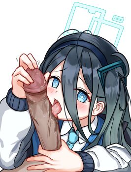 1boy 1girl absurdres aqua_halo aris_(blue_archive) black_hair black_hairband blue_archive blue_eyes blue_necktie blush bright_pupils collared_shirt commentary_request double-parted_bangs erection fellatio furrowed_brow hair_between_eyes hairband halo hetero highres jacket licking licking_penis loli long_hair long_hair_between_eyes long_sleeves looking_at_viewer motion_lines necktie one_side_up open_clothes open_jacket oral penis penis_grab pov pov_crotch rectangular_halo ringed_eyes saliva school_uniform shirt simple_background solo_focus tongue tongue_out uncensored upper_body white_background white_jacket white_pupils white_shirt yoowaru