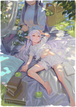 Rule 34 | 2girls, absurdres, alphonse (white datura), apple, barefoot, basket, book, closed eyes, elf, fern (sousou no frieren), flower, food, frieren, frills, fruit, highres, long hair, midriff, multiple girls, navel, open mouth, pointy ears, purple hair, sleeping, solo focus, sousou no frieren, white hair
