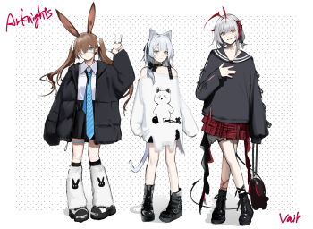 3girls amiya_(arknights) animal_ears arknights between_breasts black_serafuku black_skirt blue_eyes blue_necktie breasts brown_hair cat_ears cat_girl cat_tail demon_girl demon_horns demon_tail eyepatch green_eyes hair_between_eyes highres horns long_hair medical_eyepatch multiple_girls necktie necktie_between_breasts pigeon-toed pleated_skirt rabbit_ears rabbit_girl rosmontis_(arknights) s_4ik4 school_uniform serafuku short_hair skirt tail thigh_strap twintails v w_(arknights) white_hair yellow_eyes
